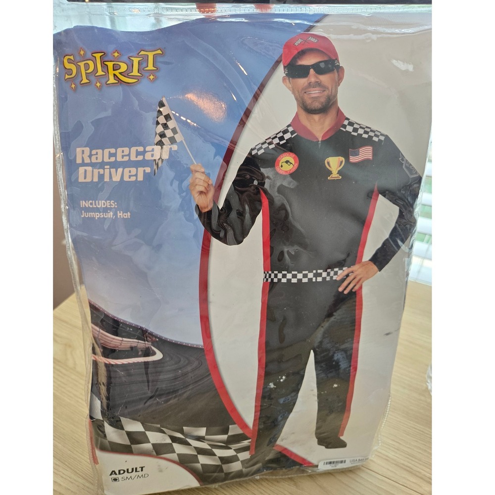 Spirit Halloween Mens Racecar Driver Costume Jumpsuit Hat and Flag Set SM/MD